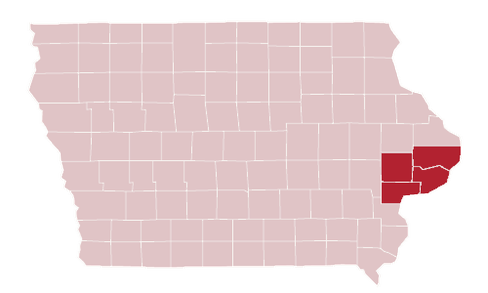 Map of Iowa with Scott, Cedar, Clinton, and Muscatine Counties highlighted